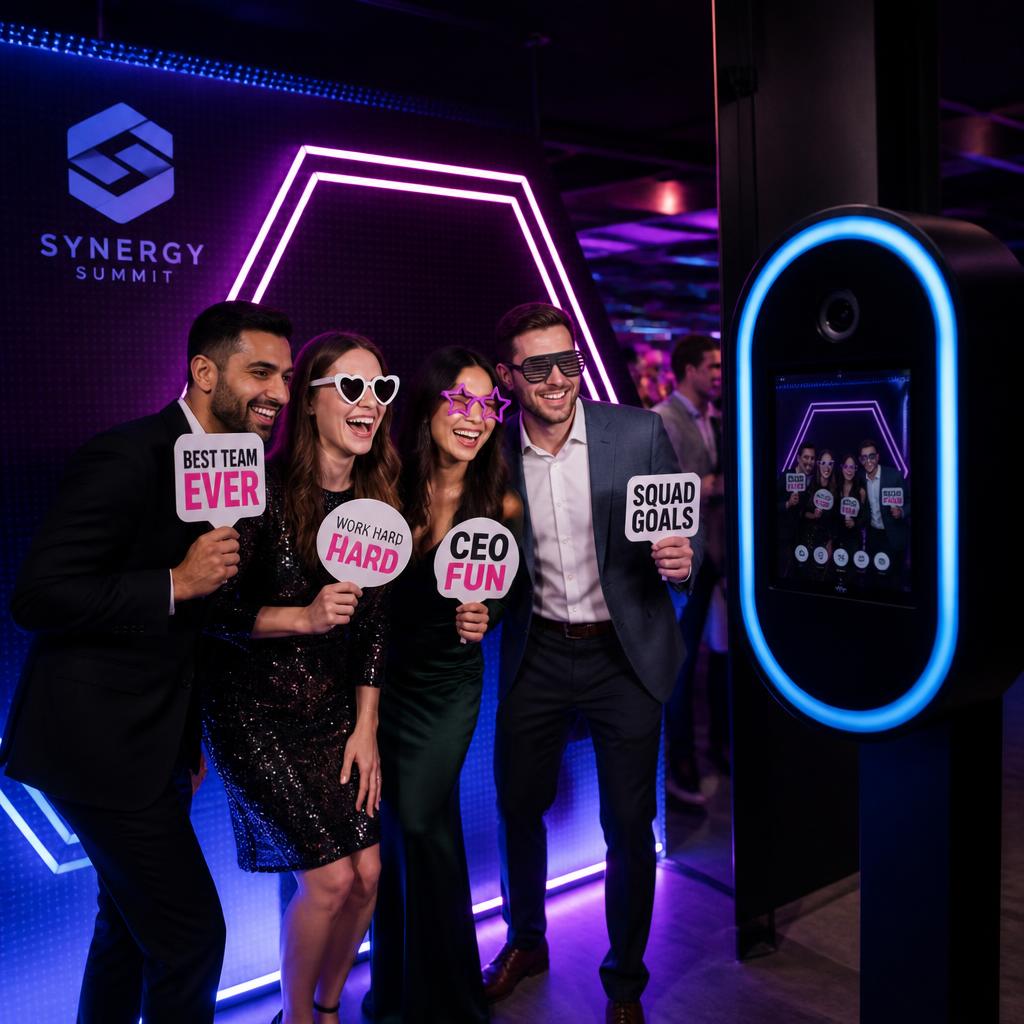 Modern photo booth at a corporate party with neon lights